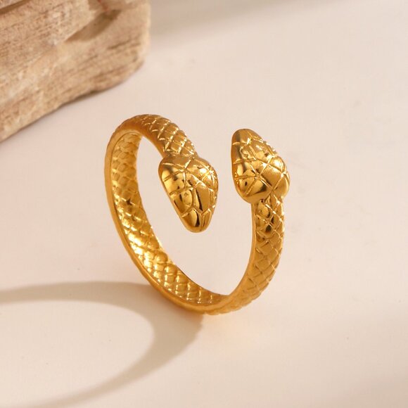 3/$35 18K Gold Plated Double Head Snake Adjustable Open Ring Statement Jewelry - Picture 4 of 6